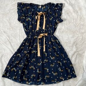 Feminine Navy White Polka Dot Fawn Deer Print Ruffled Babydoll Mini Small Dress